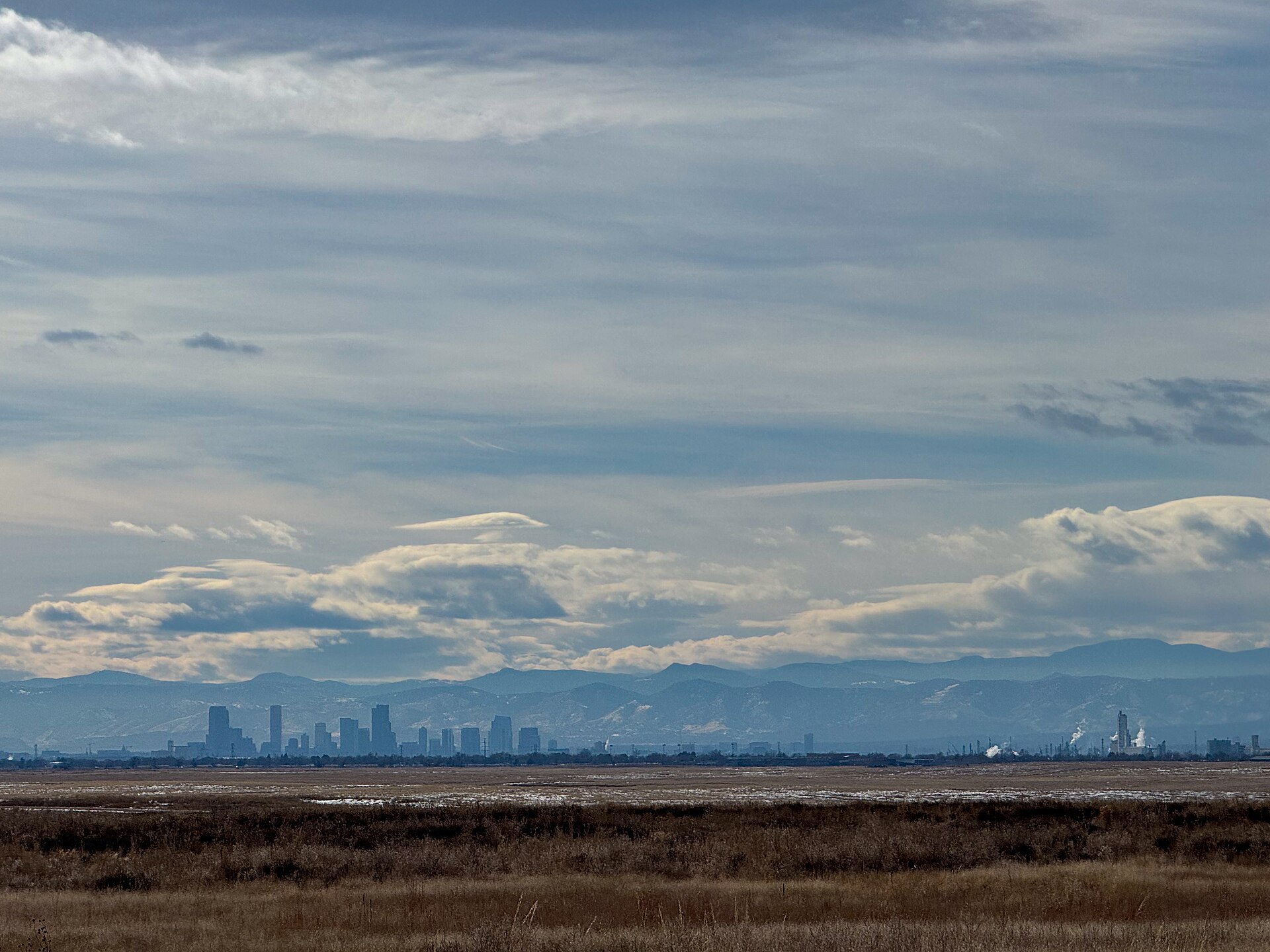 Denver skyline across the prairie from Central Park, Denver