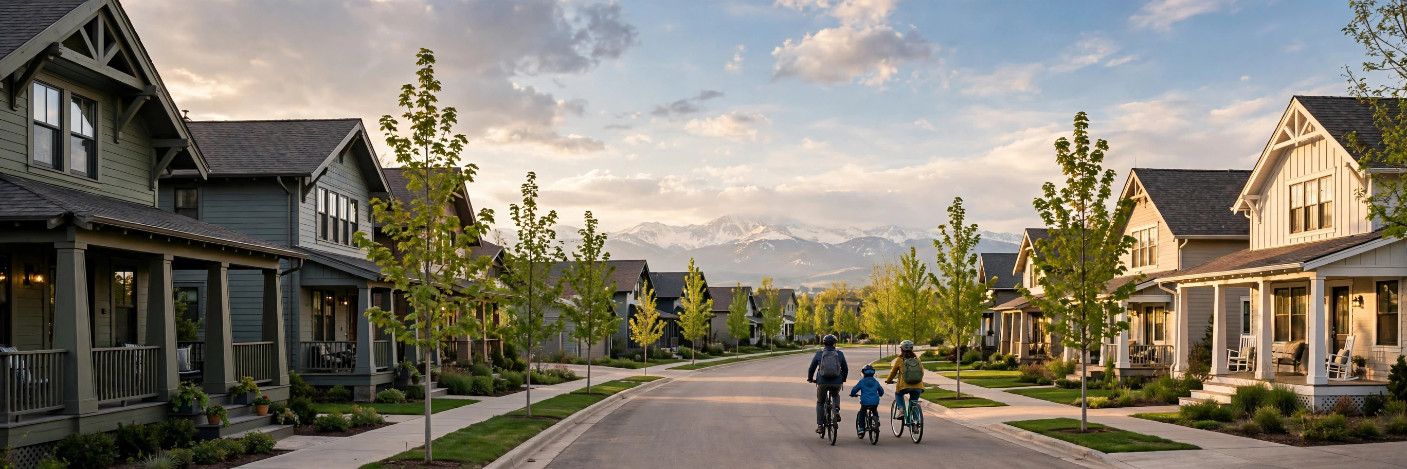 A front-porch street at golden hour in Central Park, Denver, Colorado, with the Rocky Mountains behind